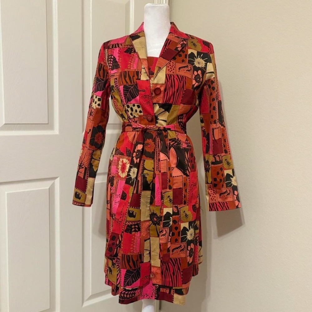 Vintage 80s 2pc Mini Dress and Belted jacket Set Safari Print Boho Retro Pink 6P